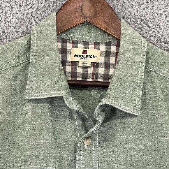 Woolrich Shirt Men XL Green Short Sleeve Cotton Pockets Button Front Collared - Picture 2 of 13